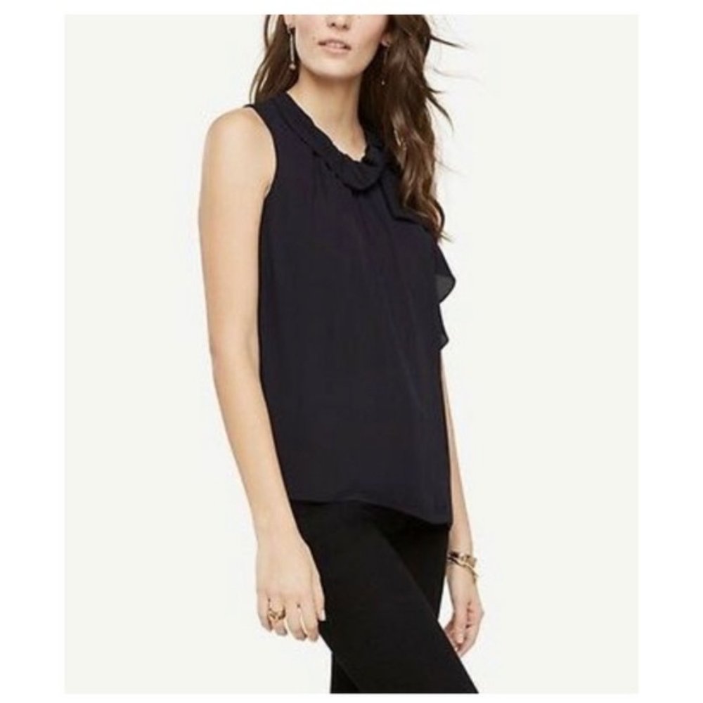 ann taylor draped ruffle shell top navy sheer sleeveless blouse xsp